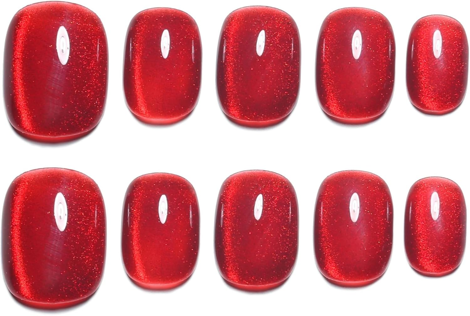 Sun&Beam Nails Handmade Press-On Medium Long Coffin Red Ruby Magnet False Nail Tips Hand-Drawn Design Fashionable 10 Pcs Set (#164 XS)