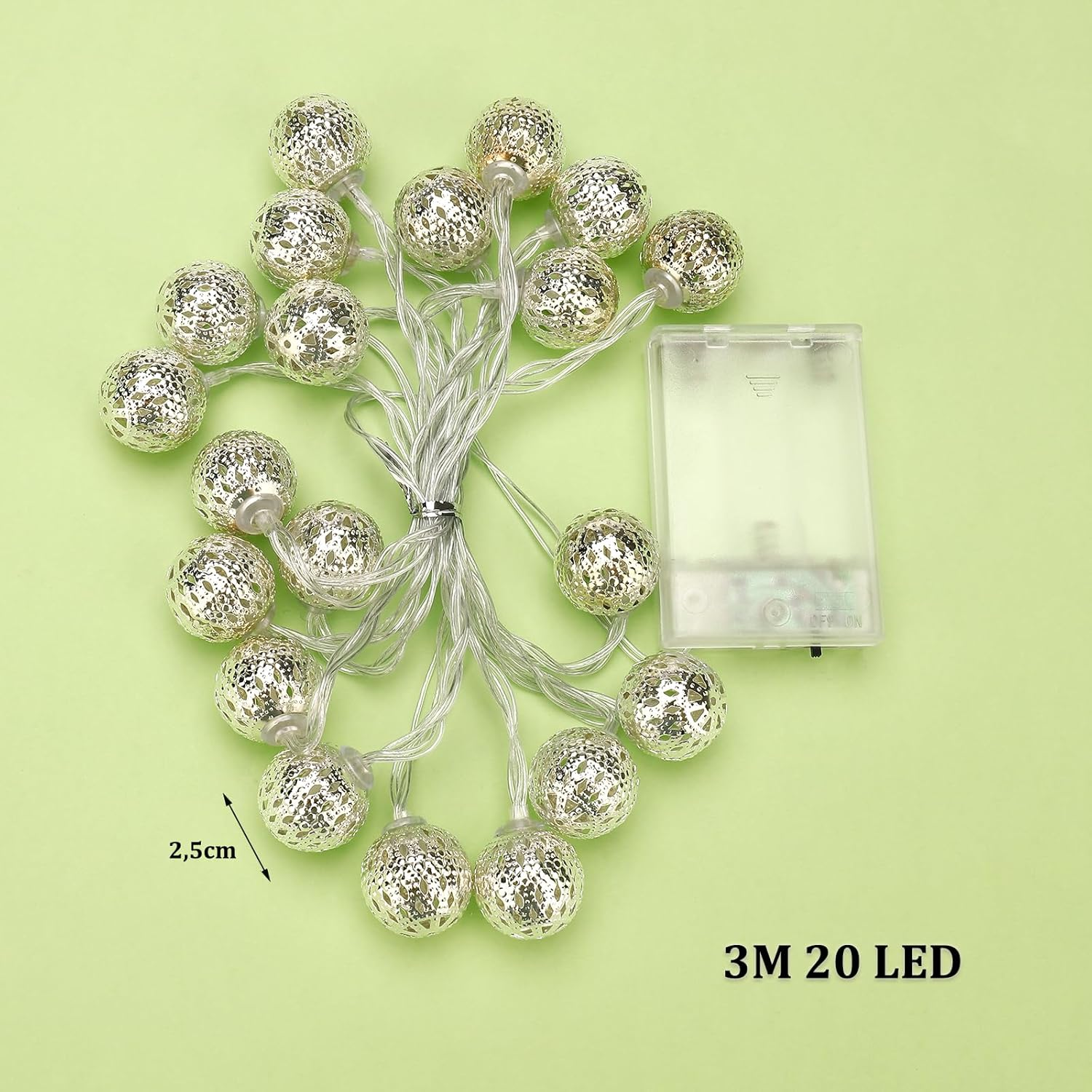 ENLACE Moroccan String Lights, 3 Meters 20 Leds Metal Balls Battery Operated for Indoor Outdoor Wedding Christmas Birthday Party Decoration Warm White image number 1