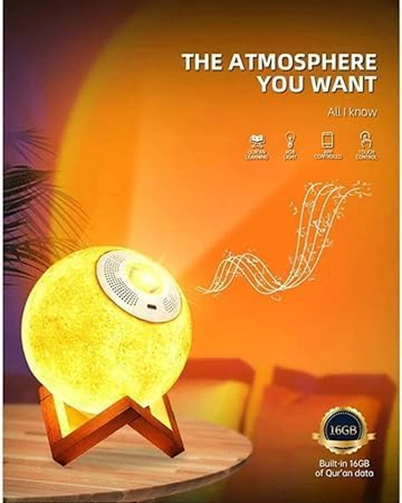 Moon Quran Speaker Lamp Sunset Projection with App Control Remote Control Quran Speaker Seven Color Changing Lamp 8GB (SQ-175) - Sunset Projection - Sq175 image number 5