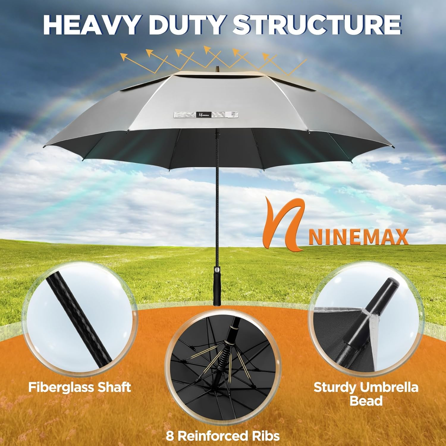 NINEMAX Golf Umbrella 68/62/ Inch UV Protection Large Umbrellas Windproof Double Canopy, Automatic Open Umbrellas image number 7