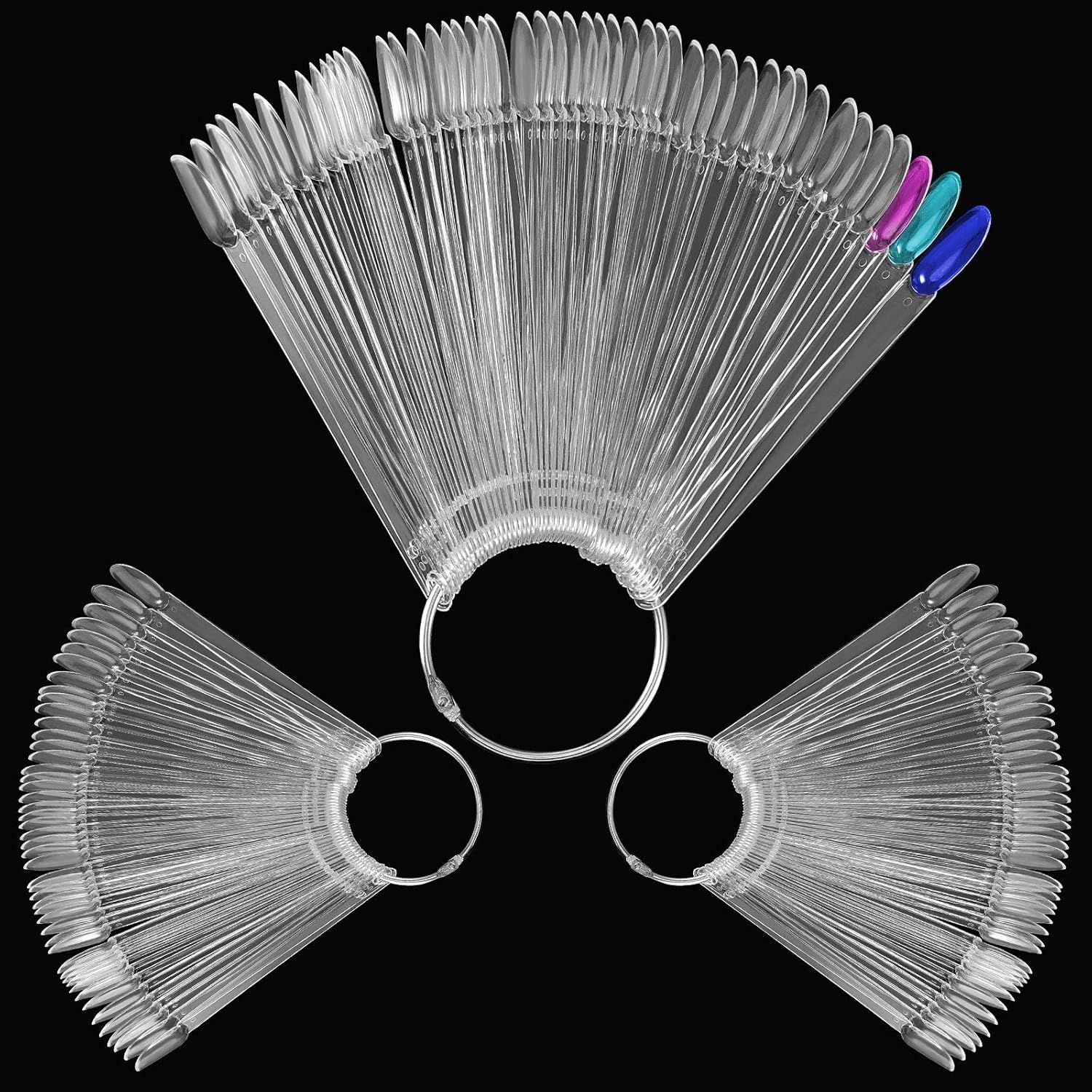 ZEONHEI 150 PCS Tips Clear Nail Art Sticks, Fan-Shaped Nail Display Sticks, Oval Nail Art Polish Board Display Stickswith Metal Ring for Nail Color Display Practice Home DIY