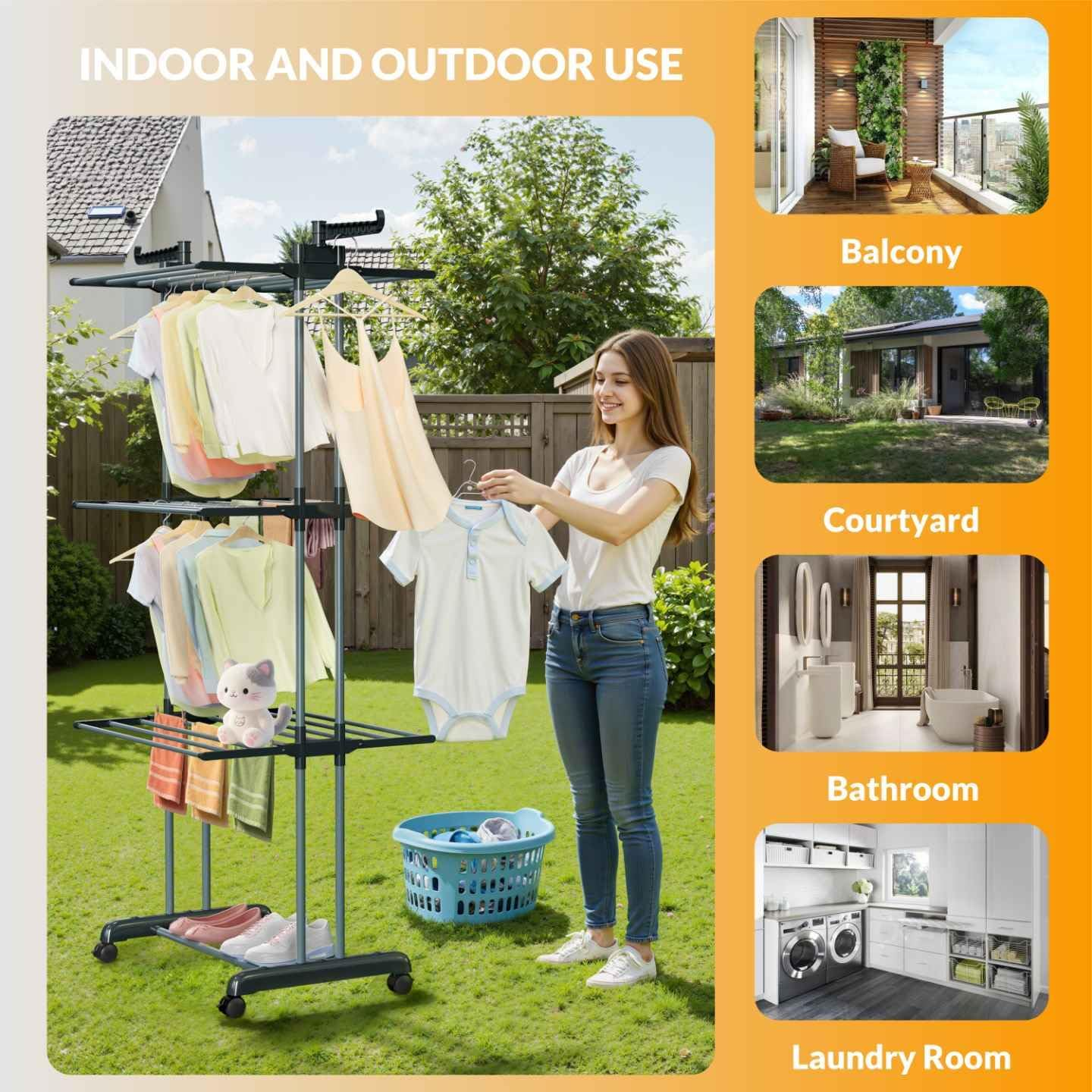 Hormes Clothes Drying Rack, Foldable 4 Tier Clothes Airer, Stainless Steel Clothes Horse with Two Side Foldable Wings, Laundry Drying Rack for Indoor & Outdoor Use, with Install-Friendly Hammer, Grey image number 2