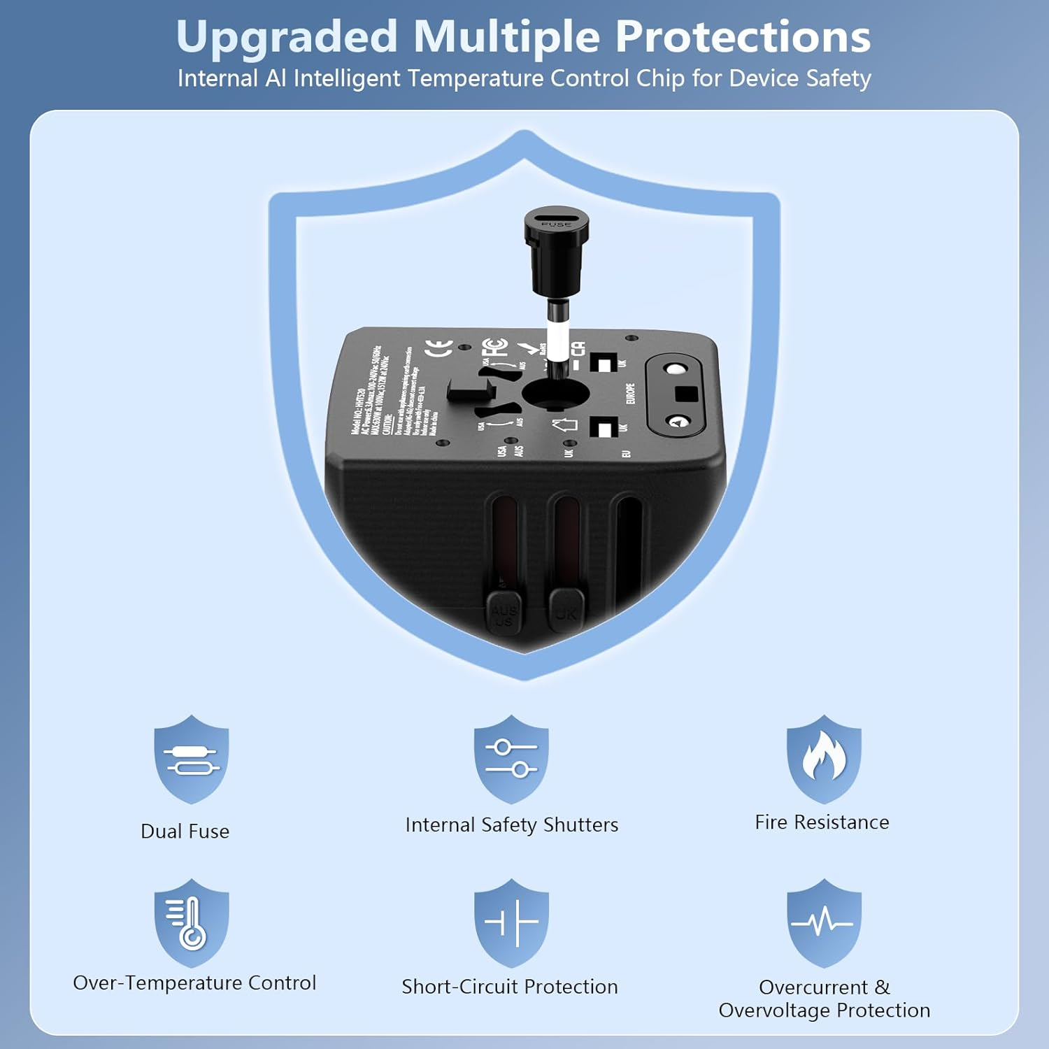 Universal Travel Adapter Worldwide, 54W International Power Adapter with 2 USB-A and 2 USB-C Ports,All-In-One Fast AC Wall Charger Outlet Wall Charger for USA Europe UK EU AUS (Type C/G/A/I),Black image number 1