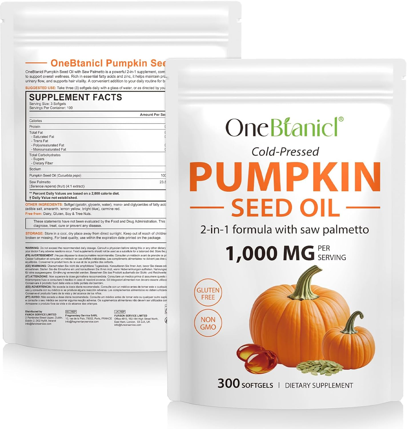 Pumpkin Seed Oil with Saw Palmetto | Cold-Pressed Formula | 1000 Mg per Serving | Natural Source of Fatty Acids and Phytosterols | Non-Gmo, Gluten Free | 300 Softgels