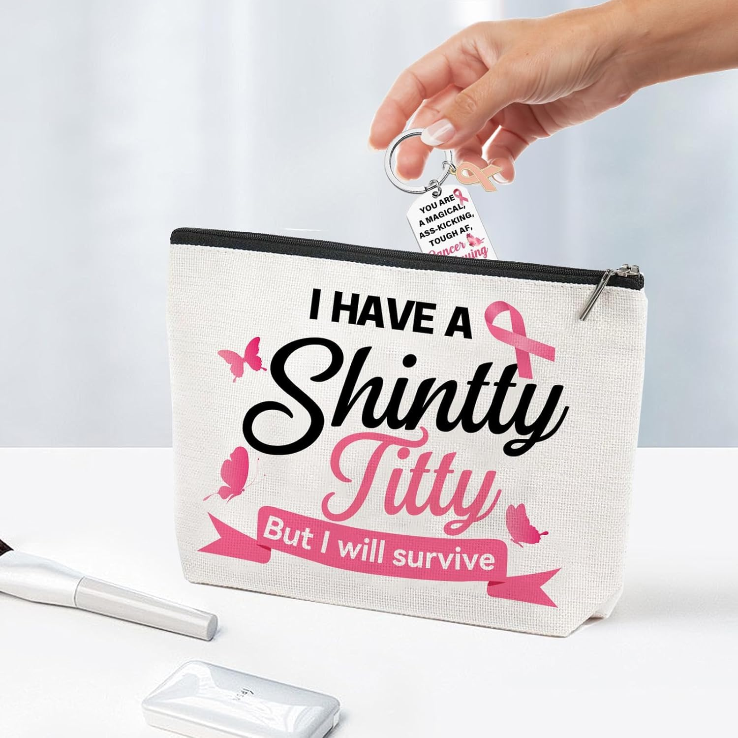 Kuskins Breast Cancer Survivor Gift Set for Women - 2Pcs Makeup Bag and Keychain,Pink Ribbon Awareness Toiletry Bag Set for Women, Survivor Inspirational Gifts