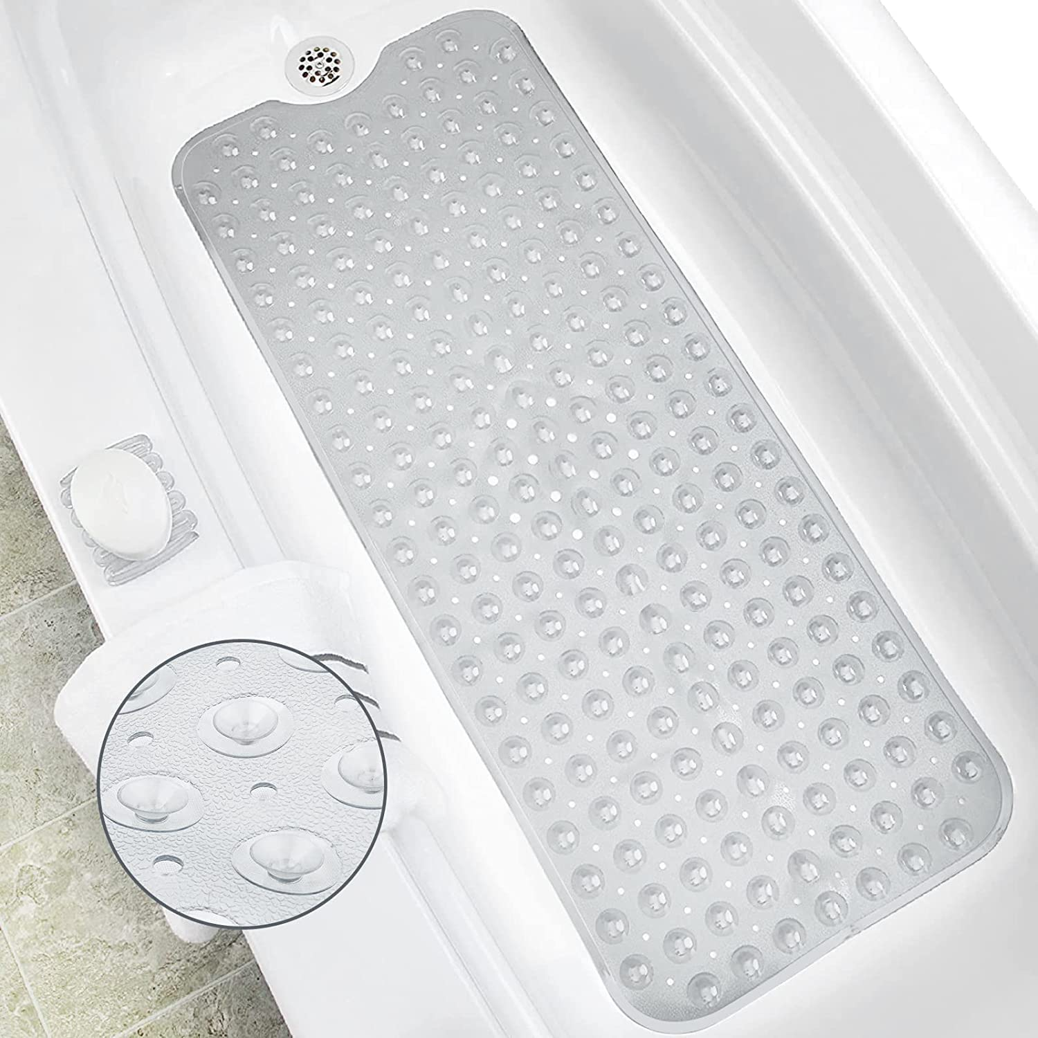 Non-Slip Bath Mats for Bathroom anti Mould Bathtub Mats with Suction Cups and Drain Holes Non Slip Shower Mat for Adults &Old People 100 X 40Cm - Clear (Clear) image number 2