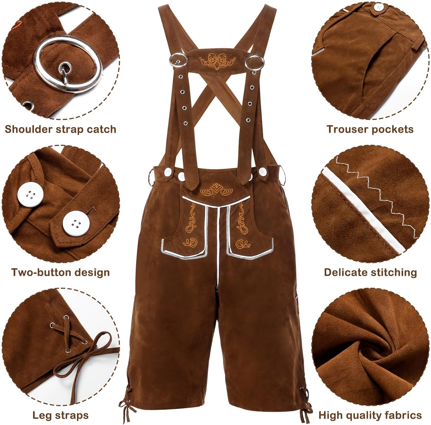 Slowton Oktoberfest Costume for Men - 2PCS Men Lederhosen Set with Suspenders and Shirt Adult German Bavarian Brown Lederhosen Outfits for Halloween Dress up Party Beer Festival Costume