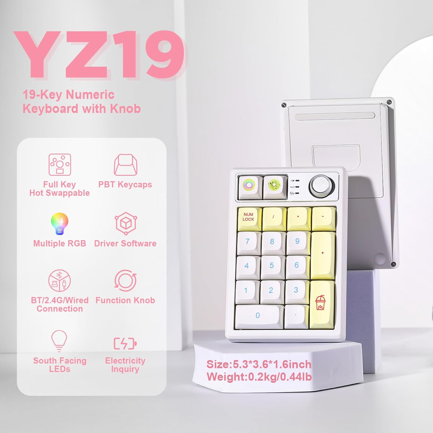 YUNZII YZ19 Wireless Mechanical Number Pad,19 Keys Numeric Keypad with Knob, RGB Gasket PBT Keycaps Hot Swappable Programmable Keyboard, Number Keypad for Laptop/Tablet/Pc/Mac/Win (Macaron Brown) image number 5