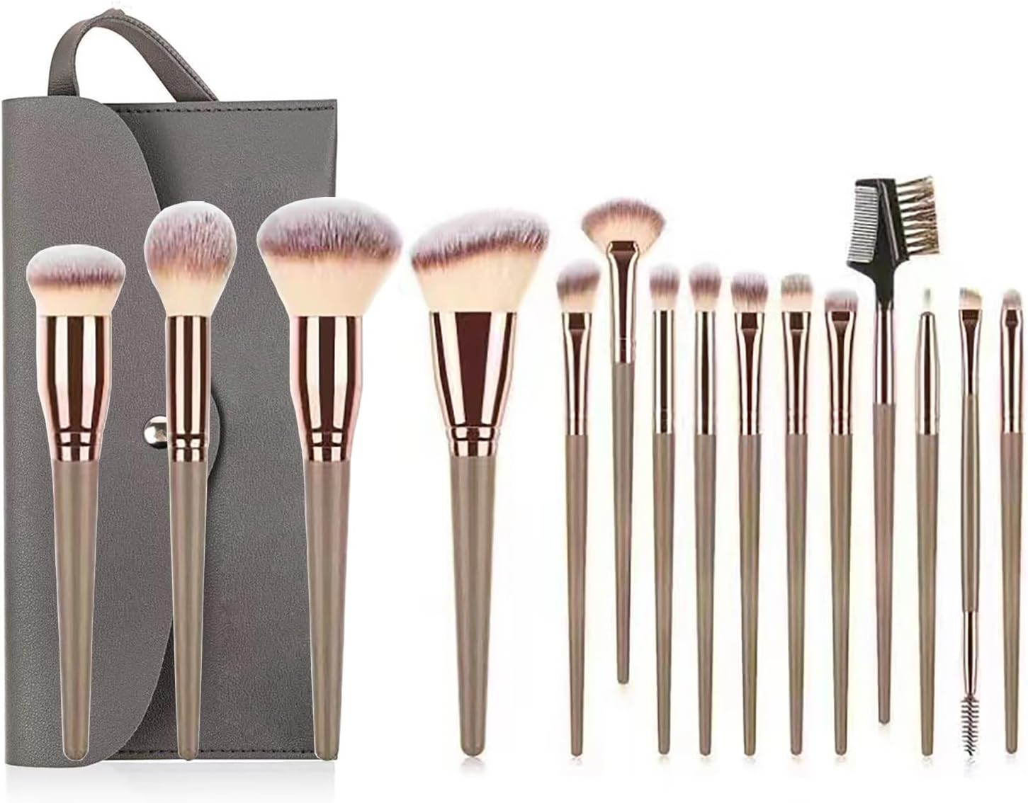 15 Pieces Professional Makeup Brush Set with PU Leather Cosmetic Bag Suitable for Mixed Foundation, Concealer, Blush, Eyeshadow, Contouring (Champagne Gold) image number 5
