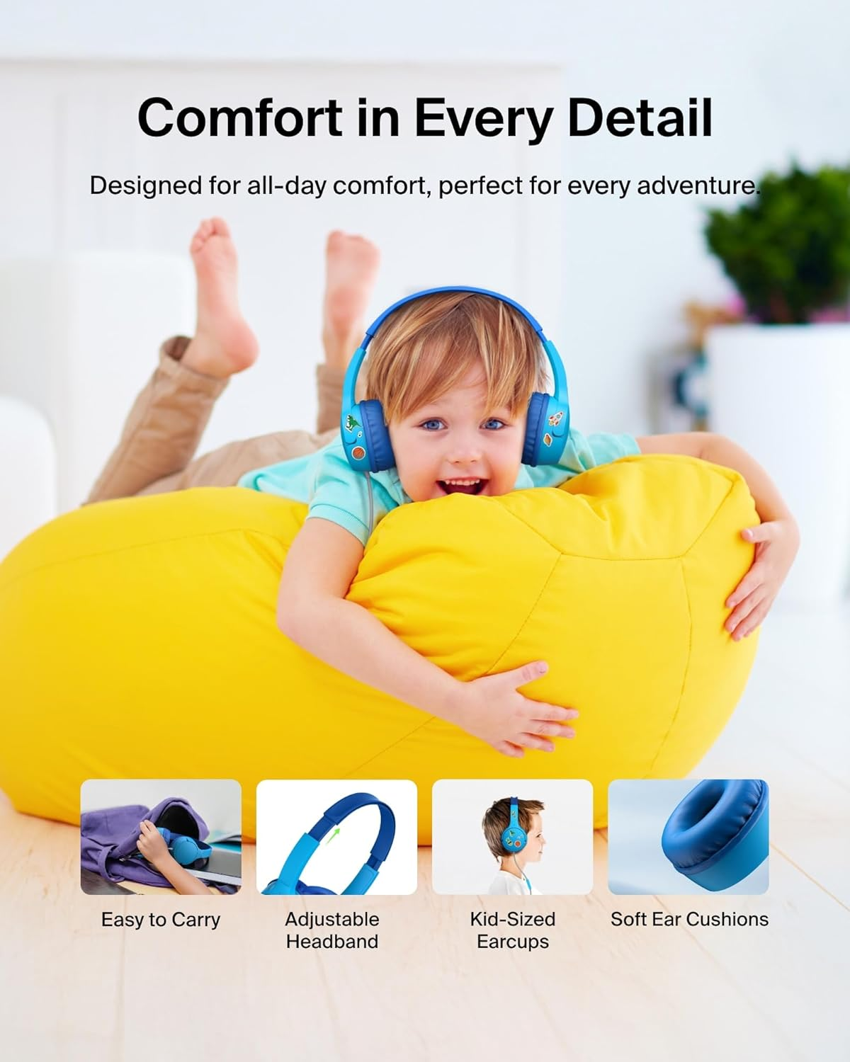 Belkin Soundform Mini Kids Wired Headphones W/Usb C to 3.5Mm Dongle, Built-In Mic & Fun Stickers, 85Db Max Volume &ndash; for Online Learning, Travel, Compatible W/Iphone 16, Ipad, Galaxy S25, Etc - Blue image number 1