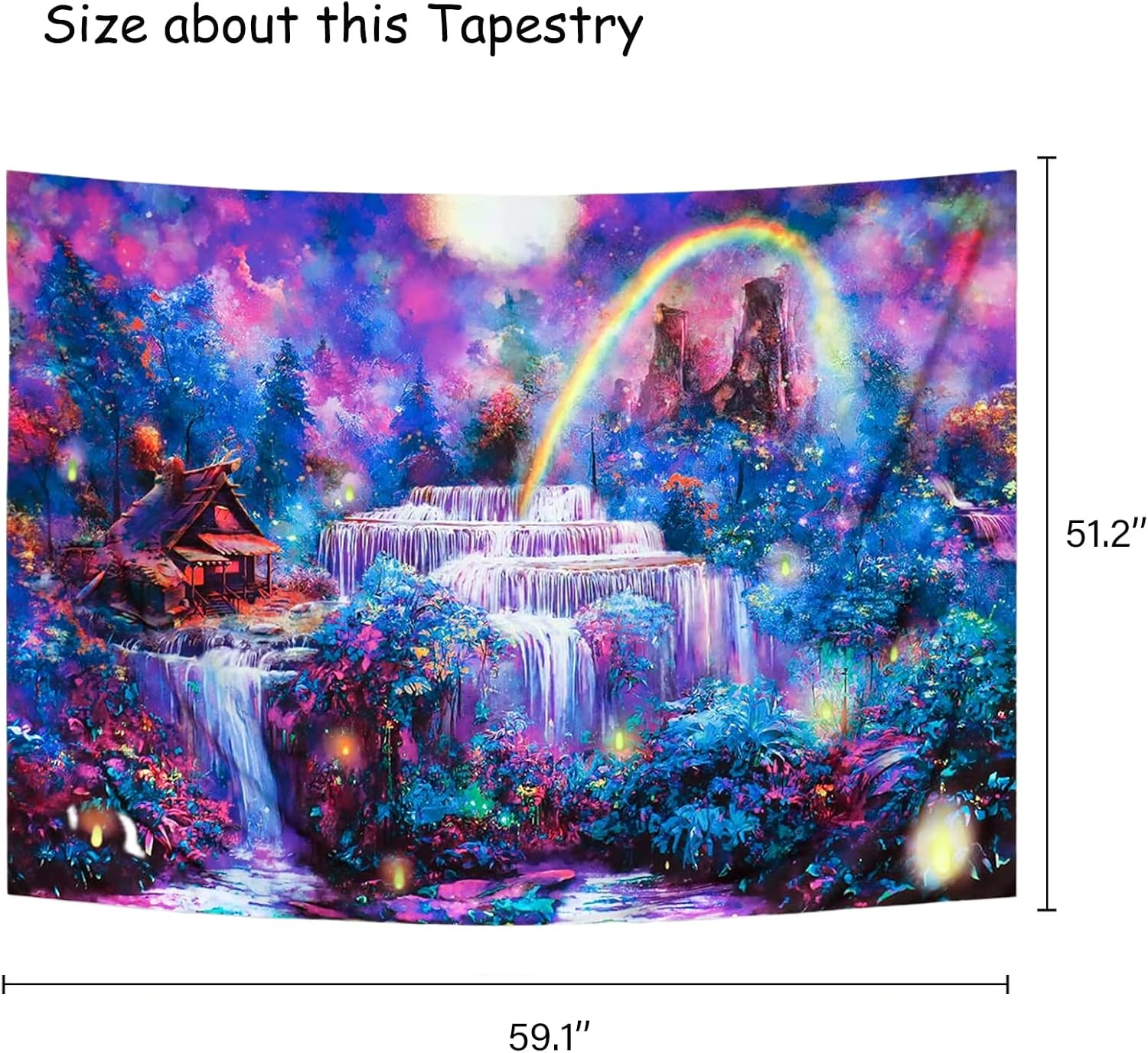 Wonrizon Blacklight Fantasy Forest Tapestry, Waterfall Rainbow Misty Jungle Plants Tapestries UV Reactive Wall Hanging Glow in the Dark Nature Landscape Decor for Bedroom Living Room (Waterfall image number 5