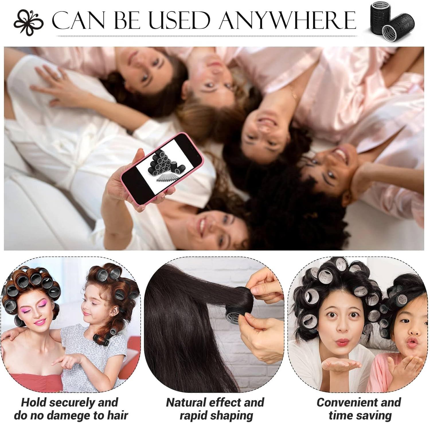 Hair Curlers Rollers, 12Pcs Hair Rollers Hair Curlers Self Grip Holding Rollers with 12 Pcs Hair Clips for Long Medium Short Thick Fine Thin Hair Bangs Volume - Black image number 2