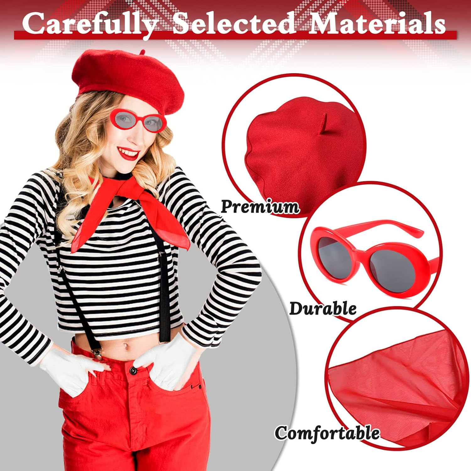 French Women Fancy Dress Costume Accessories Set French Artist Mime Kit with Red Beret Scarf Sunglasses Gloves for Women Girls Cosplay Party Supplies School Dress up Day image number 4