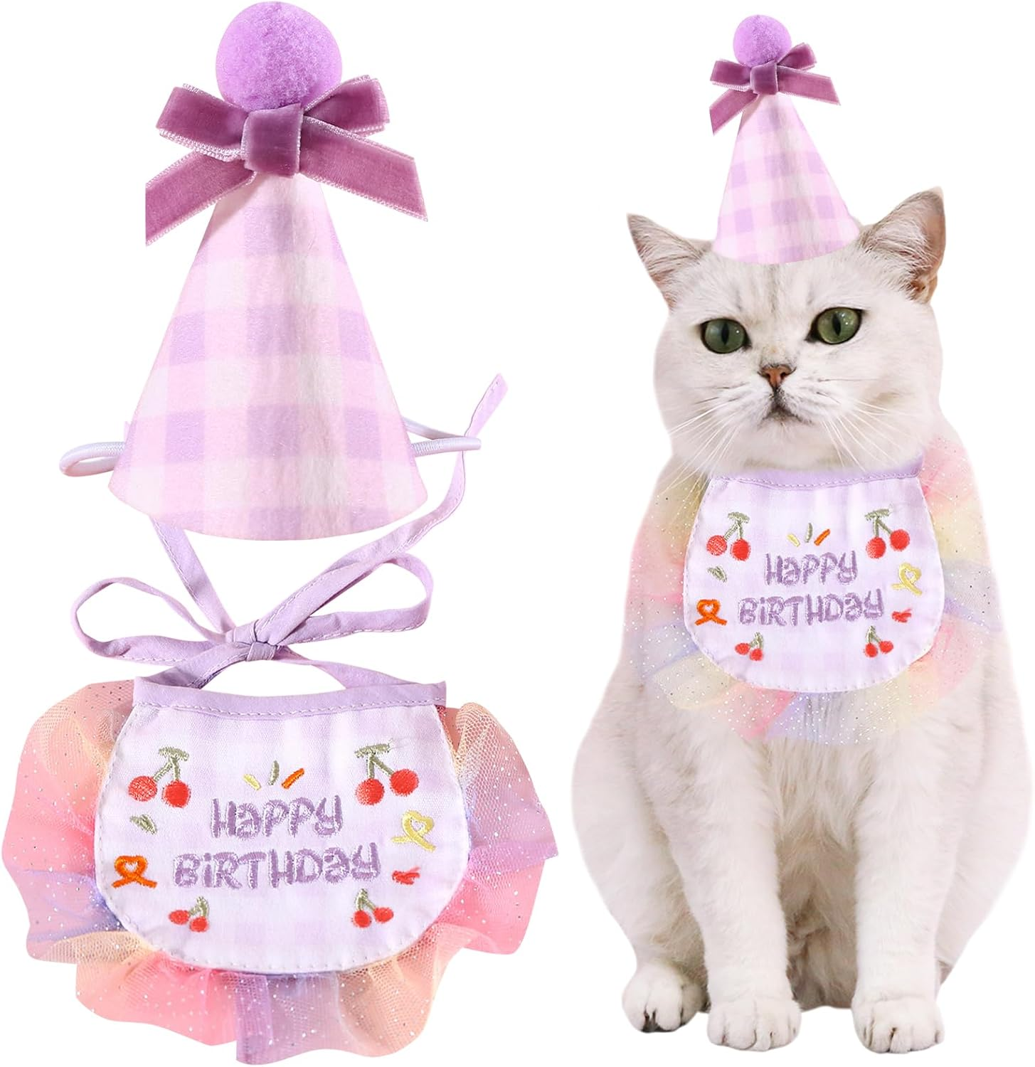 2Pcs Pet Happy Birthday Hat Scarf Set Cute Embroidered Cat Bandana Outfit Pet Bowknot Cone Hat Cat Plaid Pattern Princess Costumes Dog Lace Bib Pet Party Supplies Decoration (Blue)