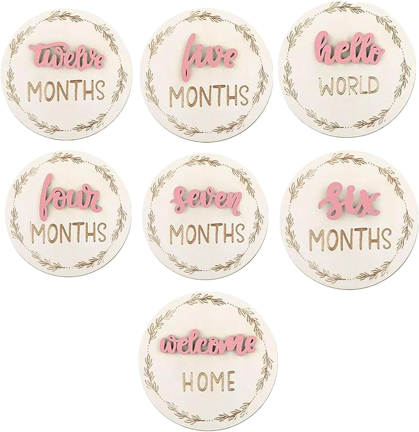 Baby Growth Signs | 7 Pieces Wooden Photo Circles for Baby, Decorative Birth Measurement, Monthly Reusable Discs for Children'S Room, Nursery, Living Room