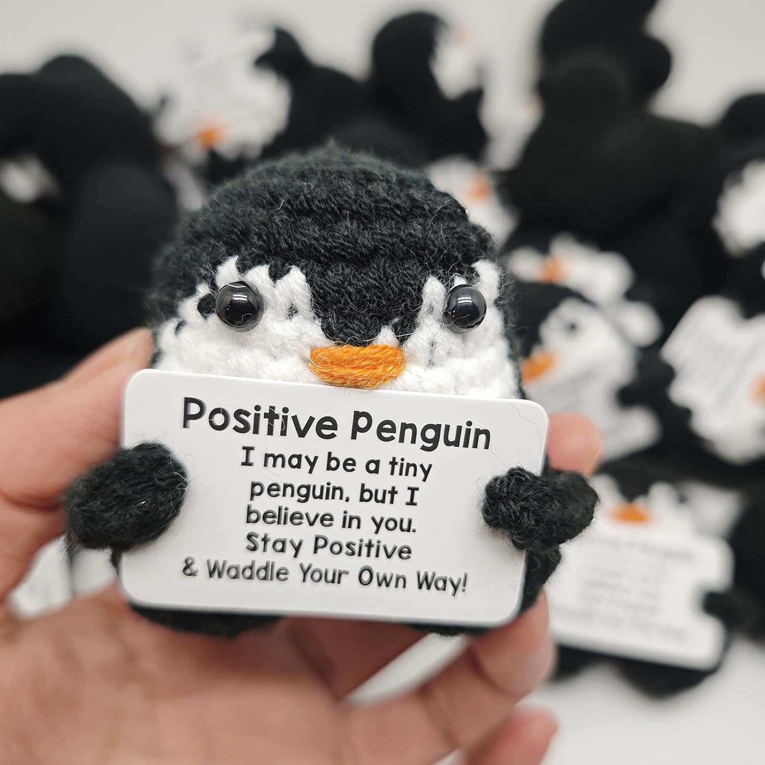 Positive Penguin Funny Gifts,Mini Funny Positive Crochet Penguin,Desk Decoration Crochet Birthday Gifts for Mom Best Friend Coworkers Teens Inspirational Support for Graduation Appreciation Cute Decor image number 5