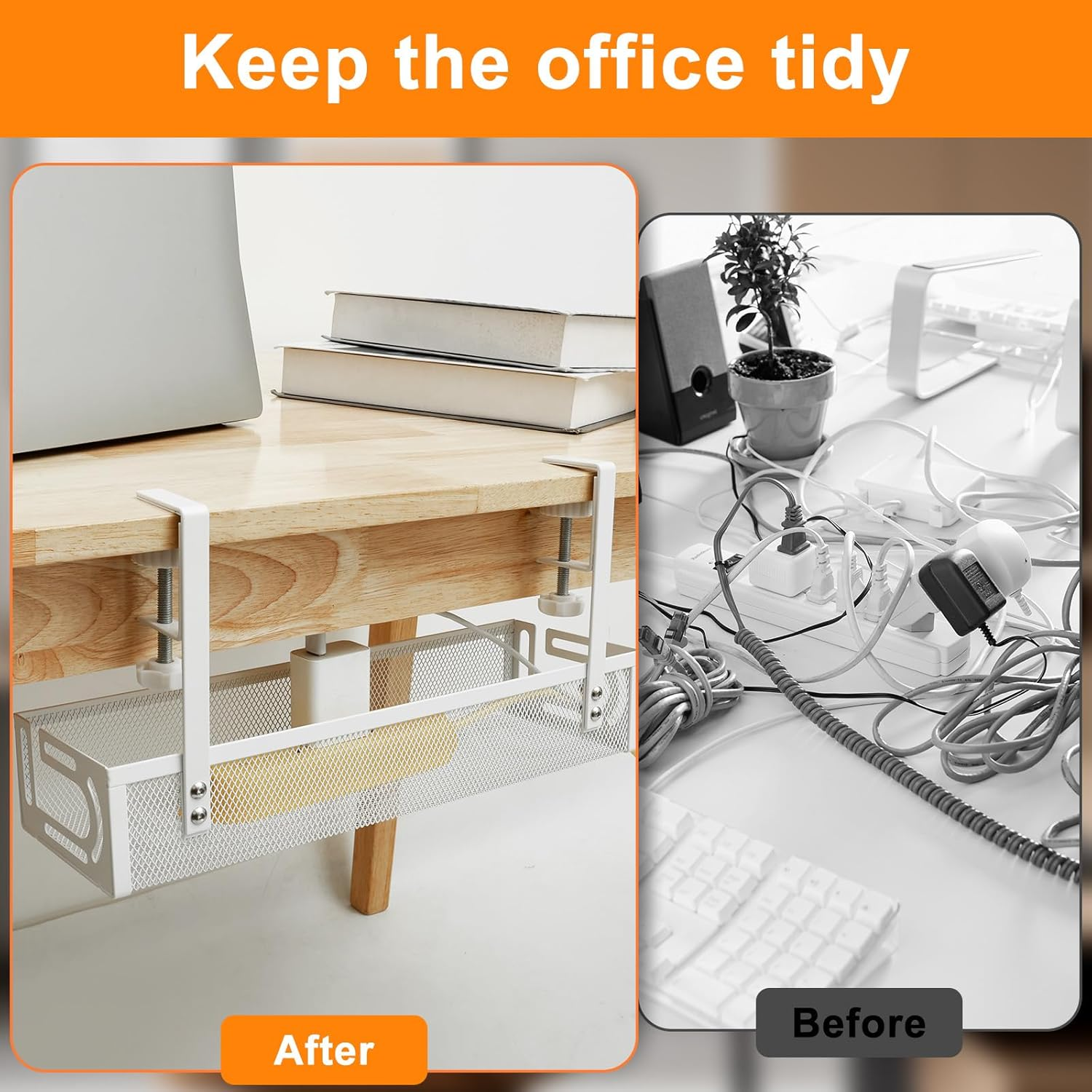 Under Desk Cable Management Tray No Drill 39Cm/15In Metal Mesh Cable Tray with Clamp for Desk Wire Management Cable Management Box and Cord Organizer for Office, Home (Black, 1Pack) image number 3