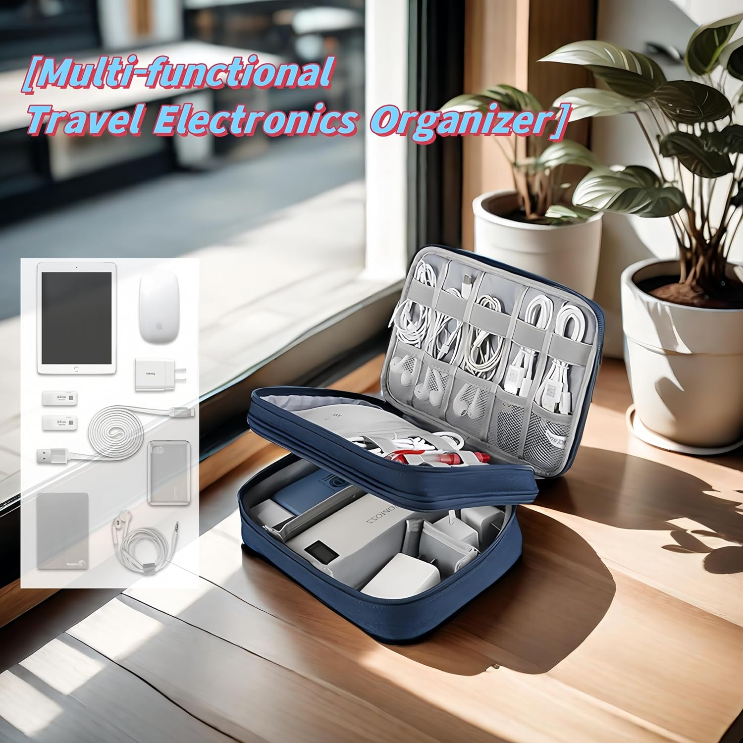 Travel Electronics Organizer Waterproof Double Layer Cable Storage Bag for Electronic Accessories, Large Shockproof Case for Cords, Tablets, Power Banks Organizer Bag MT-Y (Pink) image number 1