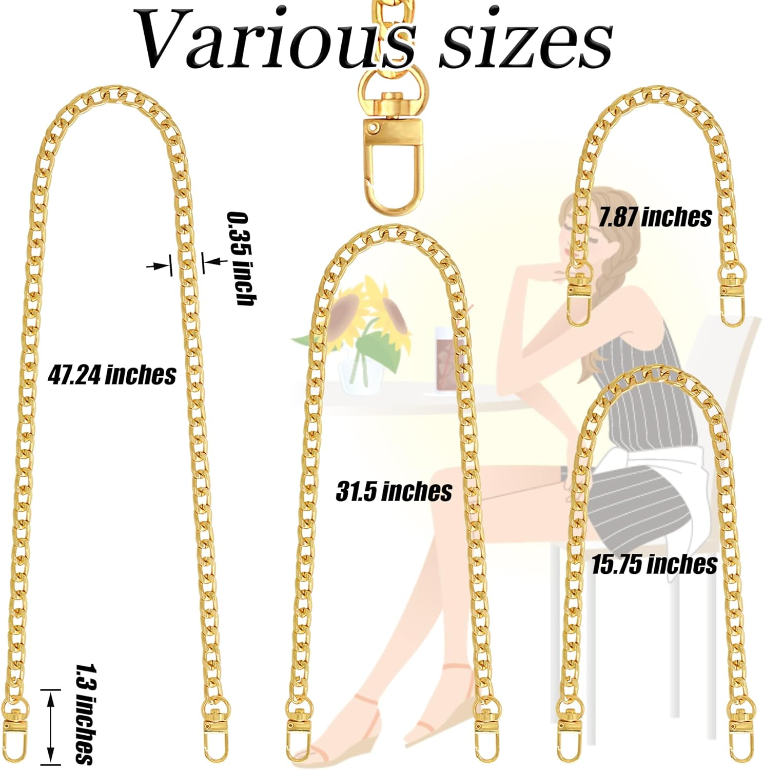 Yuronam 4 Different Sizes Flat Purse Chain Iron Bag Link Chains Shoulder Straps Chains with Metal Buckles Hook for Replacement, DIY Handbags Crafts, 47.2/31.5/15.7/7.9 Inches(Gold) image number 4