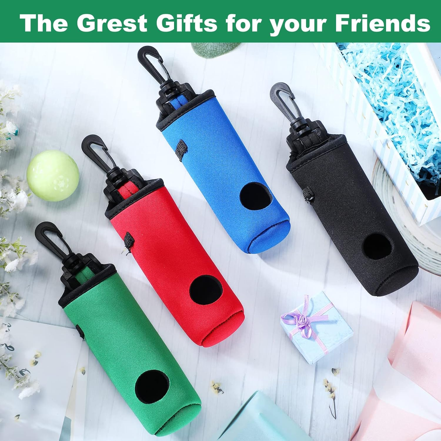 4 Pieces Golf Tee Holder Golf Ball Carry Bag Pouch Golf Ball Holder Keychain Belt Clip Golf Gifts Accessories - Black image number 4