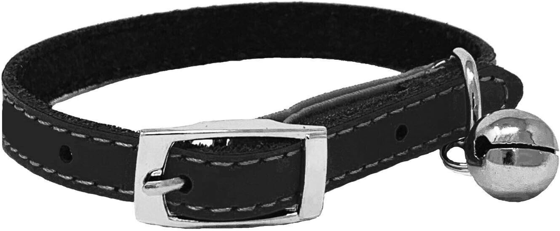 Cat Collar Real Leather with Safety Elastic, Bell, Available (Black) image number 1