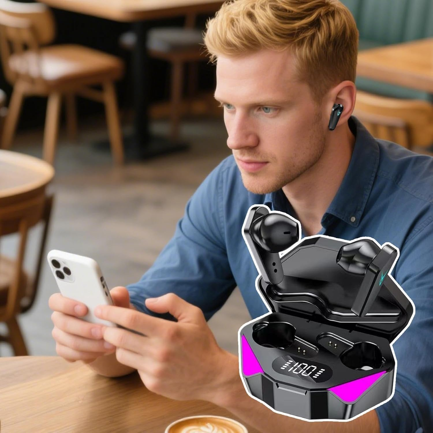 In Ear Headphones - Game Earbuds,Low Latency Earpiece with Light Mode Battery Display for Running Charging Women Work Sports Game Gym Phone