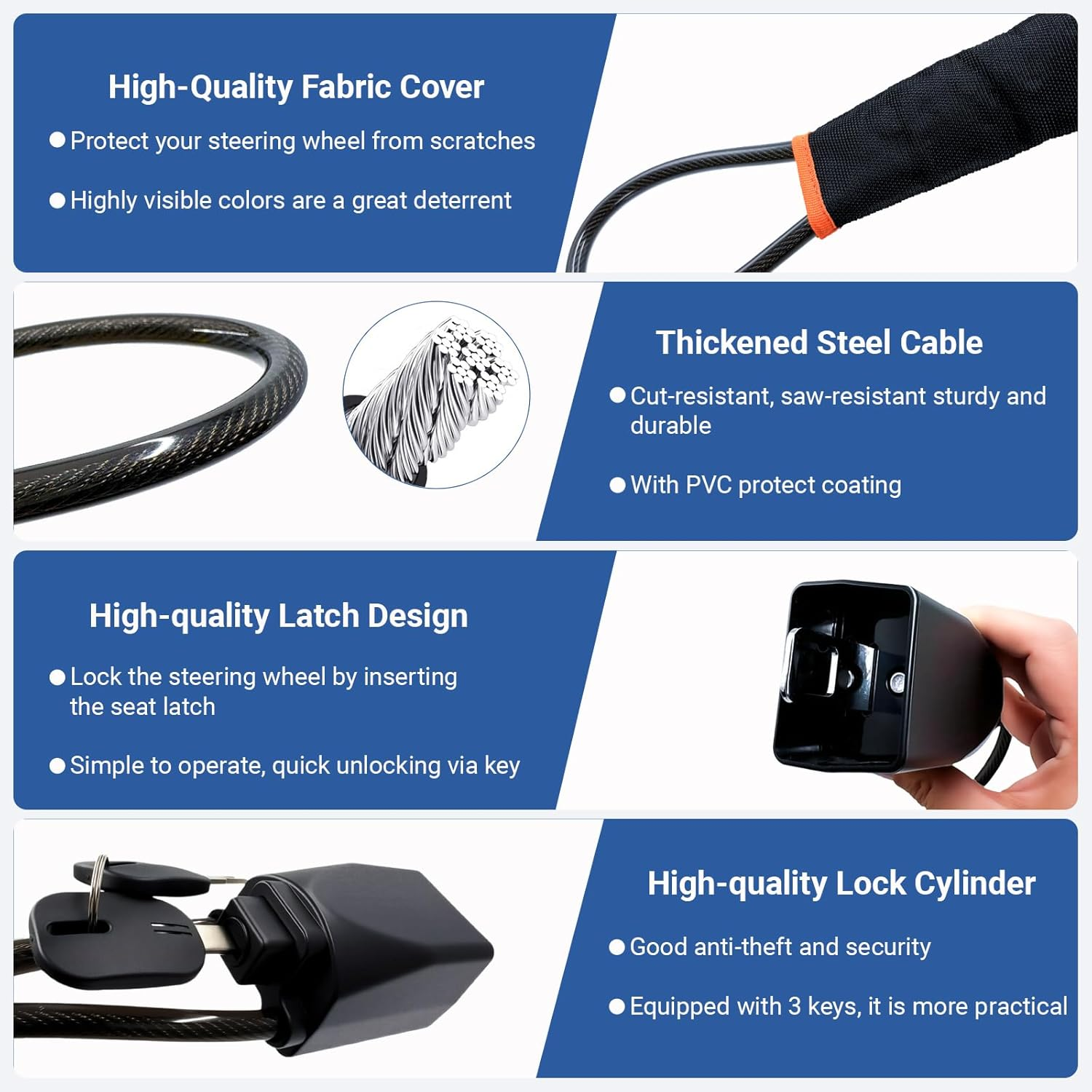 Car Steering Wheel Lock, Lightweight anti Theft Club Lock, 43Cm Universal Seat Belt Buckles Sturdy Lock with 3 Keys, Fit Most Vehicle Car SUV Truck Van (Black) image number 3