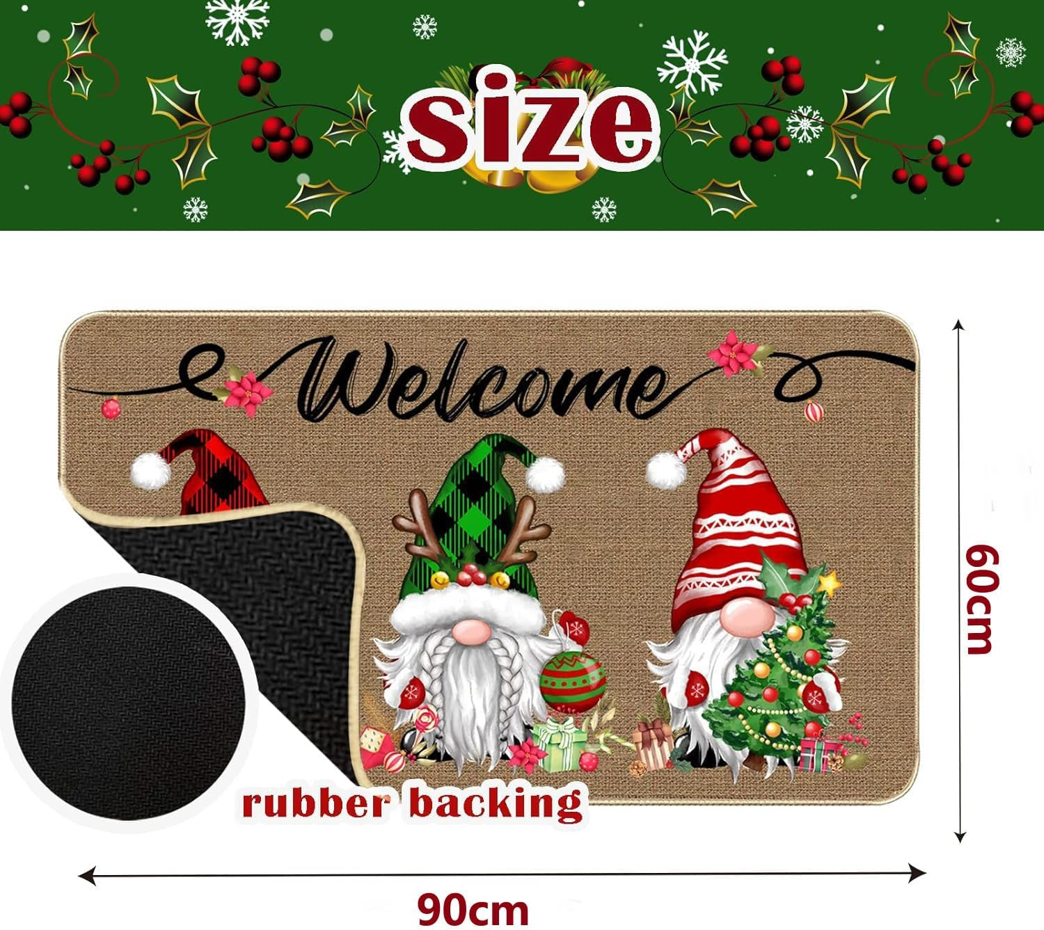 Christmas Welcome Decorative Doormat, Christmas Gnome Buffalo Plaid Door Mat, Non-Slip Carpet Rugs Floor Mat Decorative for Home/Bathroom/Kitchen/Indoor - 90 X 60Cm image number 5