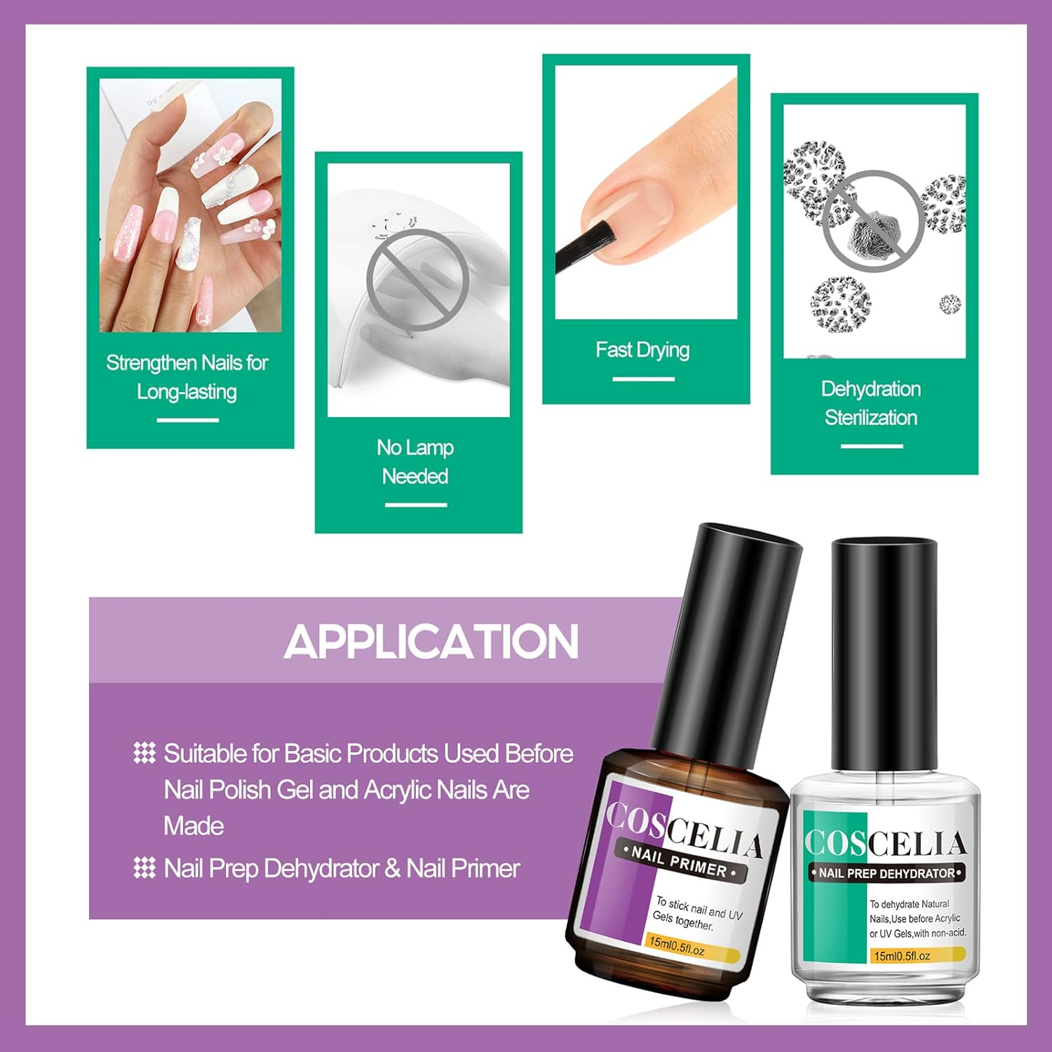 COSCELIA Nail Dehydrator and Primer Set for Gel Nails, 15Ml 4 Pcs Gels No Burn Non Acid Nail Primer and Dehydrator for Acrylic Nails, Poly Nail Gel,Nail Art Kit image number 5