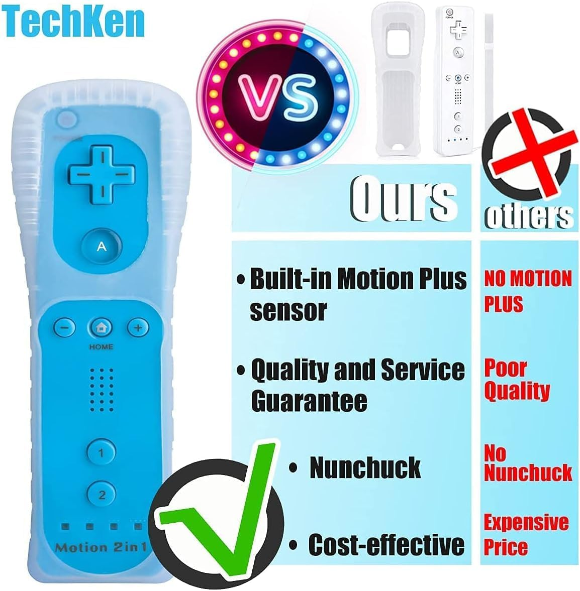 2 Pack Remote Controller with Motion plus for Wii/Wii U, 2 in 1 Remote with Nunchuck Controller Compatible with Wii Wii U Console (Red & Blue) image number 1