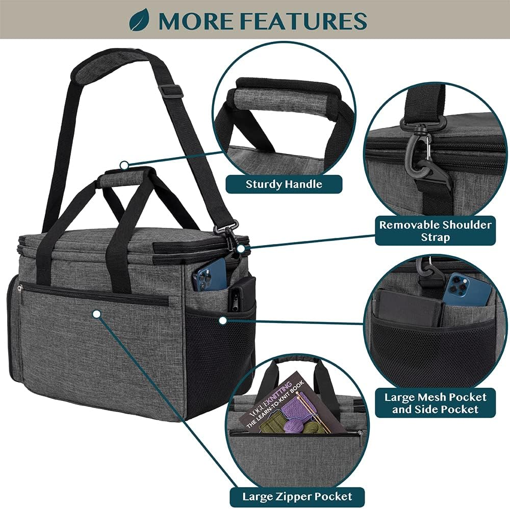 PAVILIA Knitting Bag Yarn Storage Tote, Large Crochet Organizer Bag, Yarn Storage Holder for Crocheting Knitter, Knitting Project Bag, Crochet Accessories Set, Gifts for Crochet Lovers - Charcoal Grey image number 5