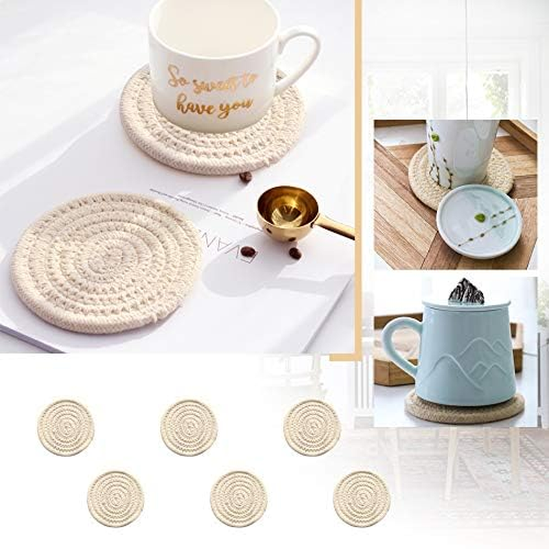 Gracelife 6Pcs Cup Mat Pure Cotton Thread Weave round Drink Hot Pads Mats Set Absorbent Scald-Proof Drink Coasters (Beige) image number 1