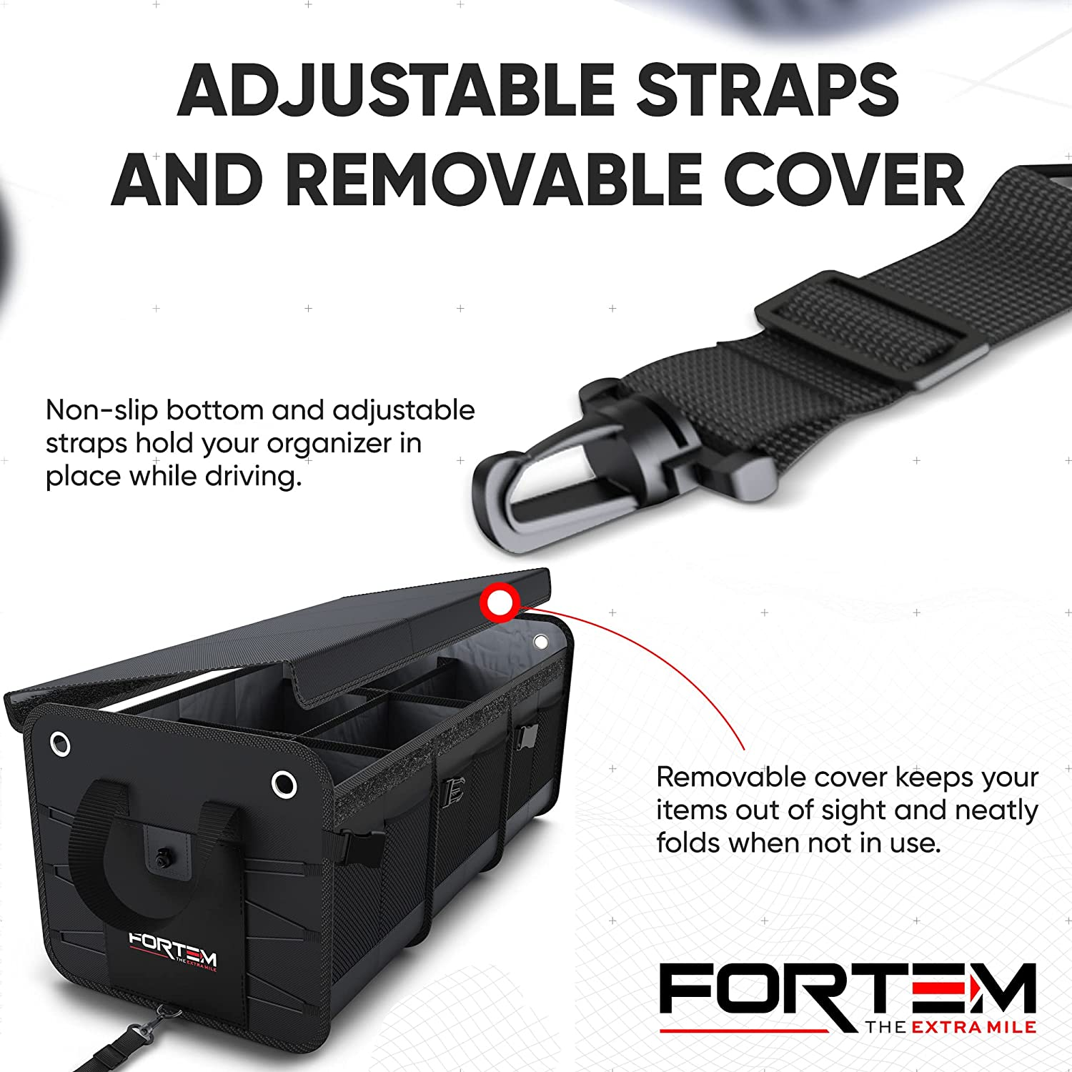 FORTEM Car Boot Organiser, Car Boot Tidy, Car Boot Storage, Collapsible Multi Compartment Car Organiser, Non Slip Bottom, Adjustable Securing Straps, Foldable Cover (3 Compartments, Black) image number 6