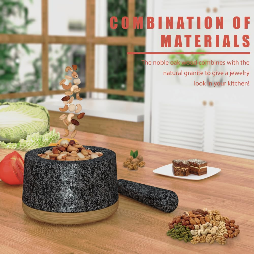 KYONANO Mortar and Pestle Set with Acacia Wood Base, 5.5-Inch Guacamole Bowl, 100% Natural Granite, Stone Grinder for Spices, Extra Large Pestle Heavy & Durable, Molcajete Bowl, 2 Cup Capacity image number 1