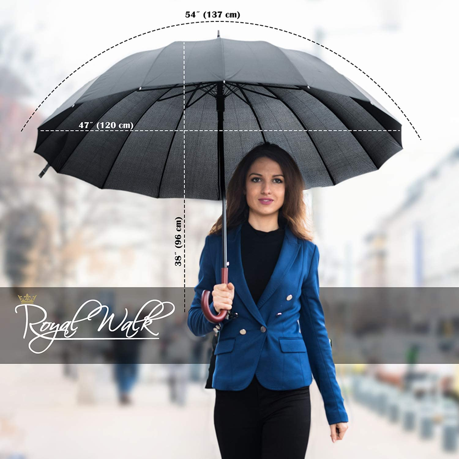 Royal Walk Windproof Large Umbrella for Rain 54 Inch Automatic Open for 2 Persons Wind Resistant Big Golf Umbrellas for Adult Men Women Classic Wooden Handle Fast Drying Strong 16 Ribs Travel 120Cm (Black)