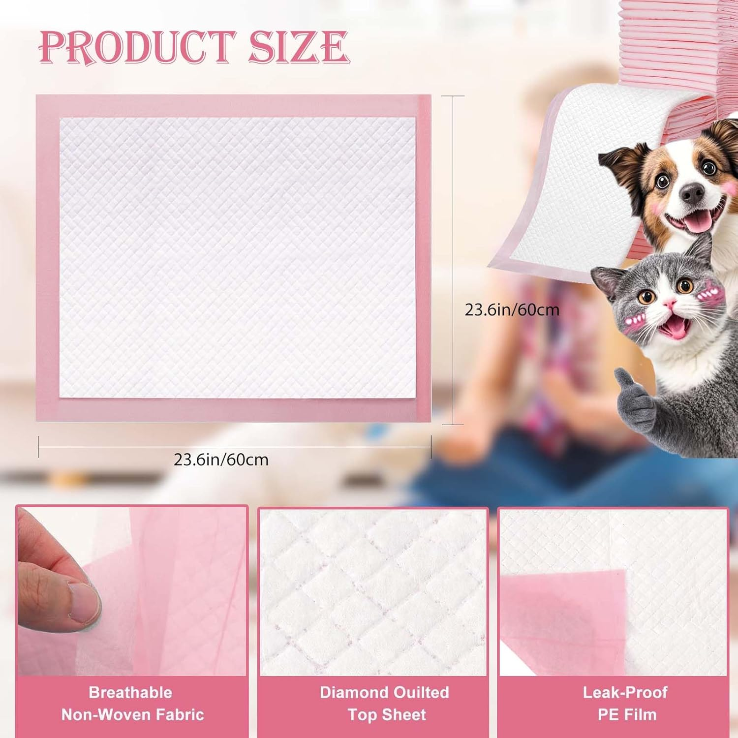 100Pcs Pet Training Pads 60*60Cm Leak-Proof and Super Absorbent Dog Pee Pads, Disposable Fast Drying Pee Mats for Pets Dogs, Cats, Rabbits image number 3