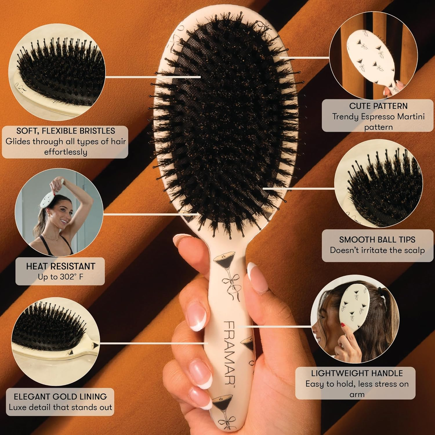 FRAMAR Boar Bristle Hair Brush &ndash; Slick Back Hair Brush for Women, Boar Bristle Brush, Slick Back Brush, Hairbrush Women, Brosse a Cheveux, Boar Brush for Volume and Shine &ndash; Espresso Martini image number 5