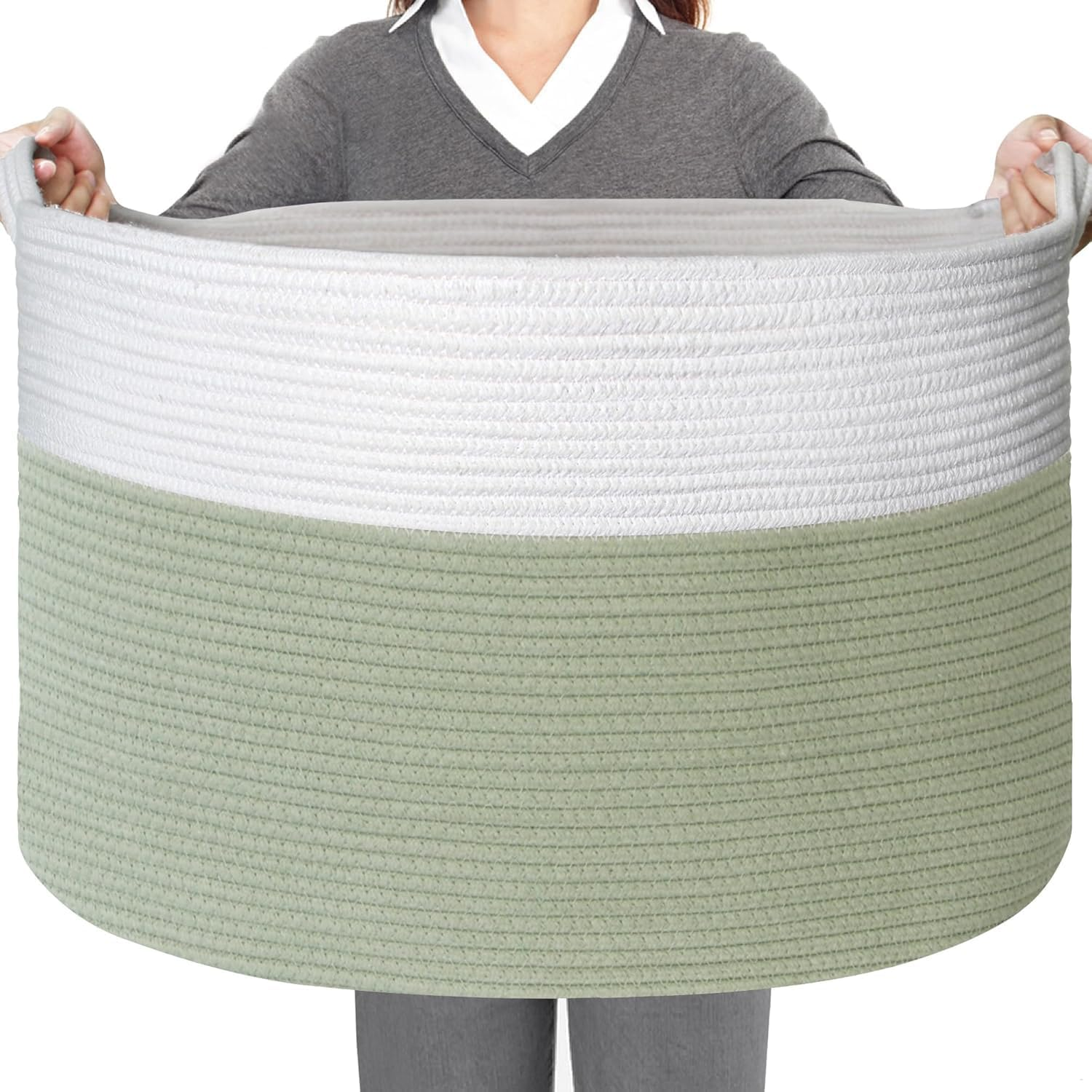 Large Blanket Basket，Large Storage Basket，Gray Wicker Woven Cotton Rope Baskets for Storage, Cotton Rope Blanket Basket for Living Room, Laundry, Nursery, Pillows, Baby Toy Chest （Gray）