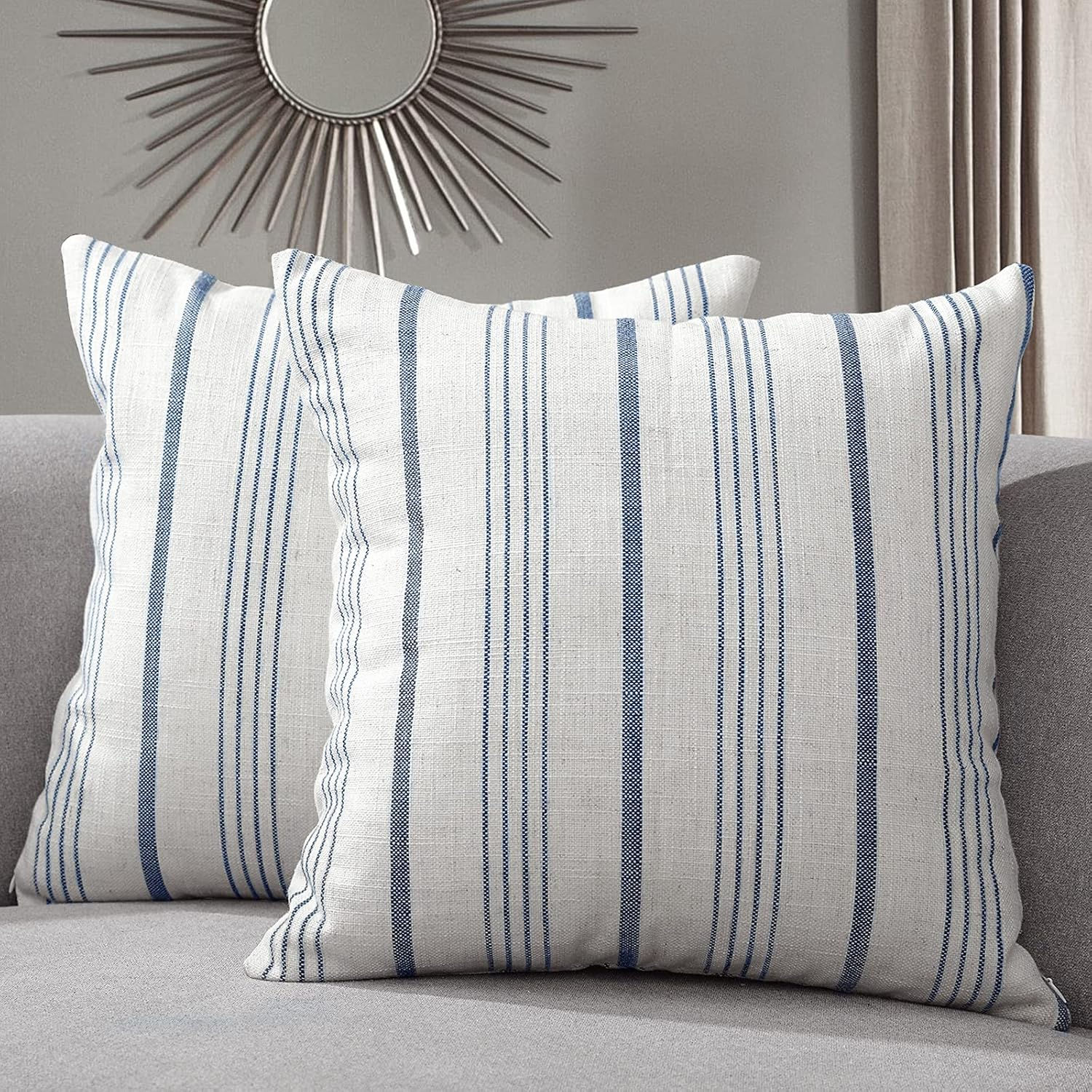 Sunlit Decorative Farmhouse Throw Pillow Case, Set of 2 Cream/Off-White with Gray Stripes Modern Accent Square Pillow Cover, 26" X 26", Textured Linen Throw Cushion Covers for Couch Chair Bedroom