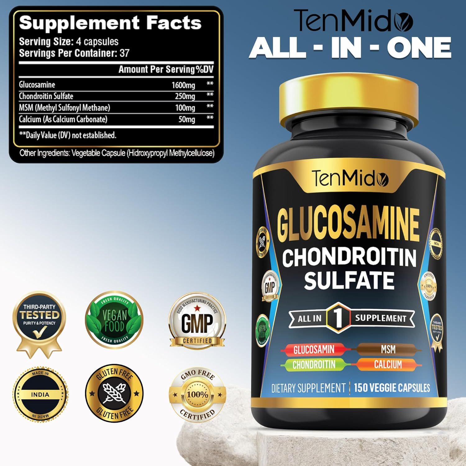 Glucosamine Chondroitin MSM Supplement for Men and Women - 4In1 Formula - Joint & Bone Health Support - 150 Capsules image number 3