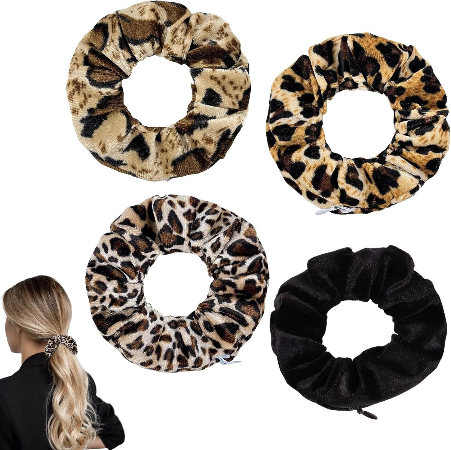 Pack of 4 Scrunchies with Zip, Hair Bobbles for Women, Leopard Pattern, Scrunchies, Velvet Travel Gadgets for Women, Money Hiding Place for Hiding, Secret Hiding Place for Valuables image number 4