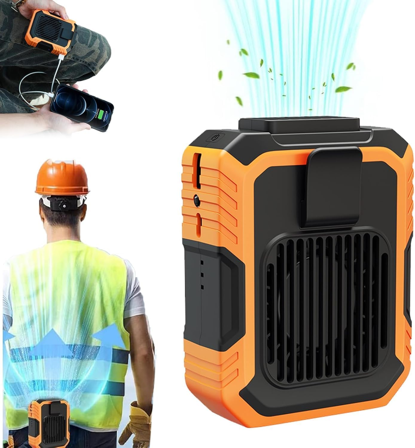 Portable Waist Fan, Cool Clip Fan under Shirt, Blue Collar Breeze, Outdoor Waist Fan Belt Clip Fan, Rechargeable Waist Mounted Electric Fan Wearable, Clip Fan for Travelin, with LED Light (Orange)