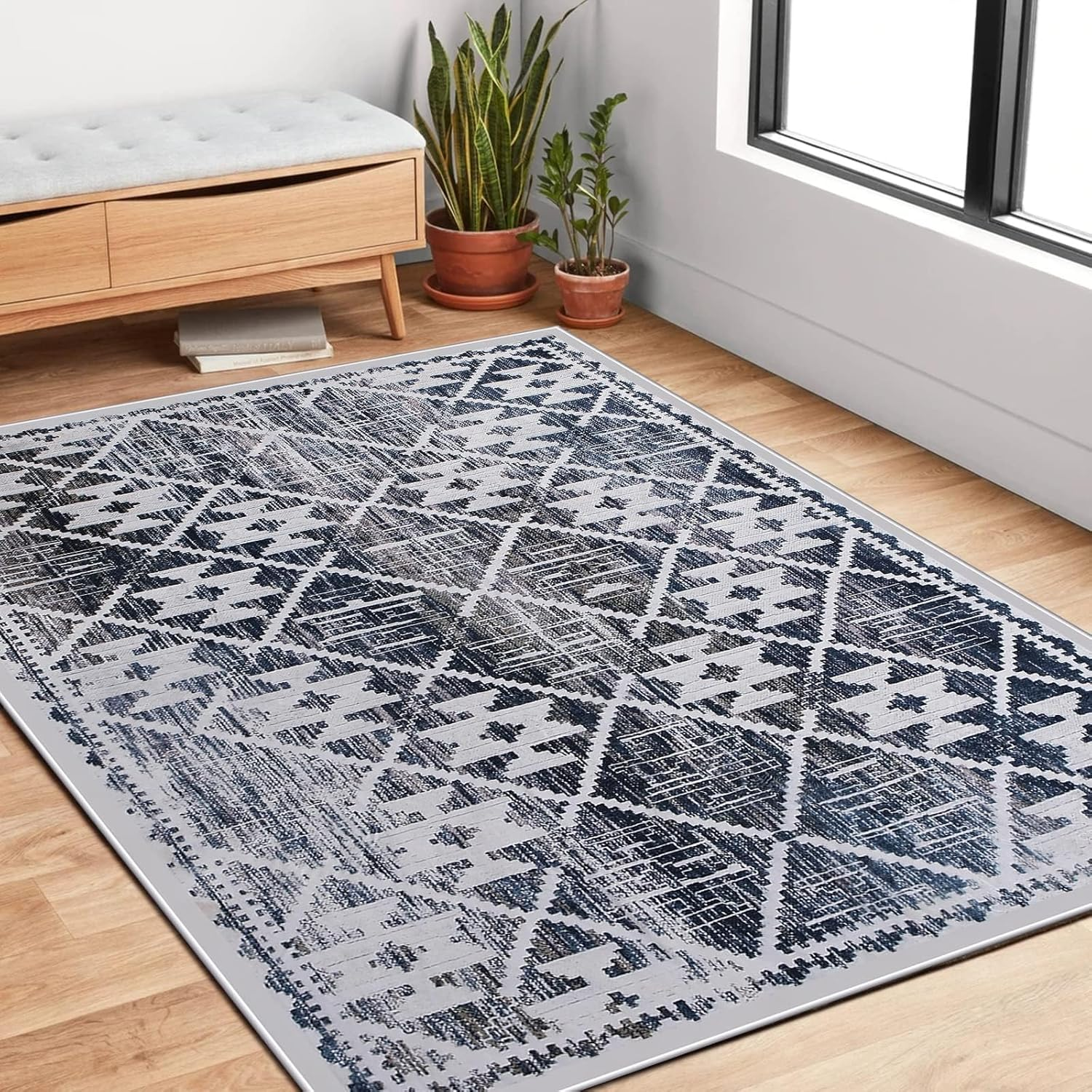Leesentec Rugs 160X200Cm Modern Non-Slip Soft Area Rugs for Living Room/Bedroom/Dining Room Carpet Floor Mat Home Decorative(Navy Blue/Ivory,5.3X6.6 Feet) image number 4
