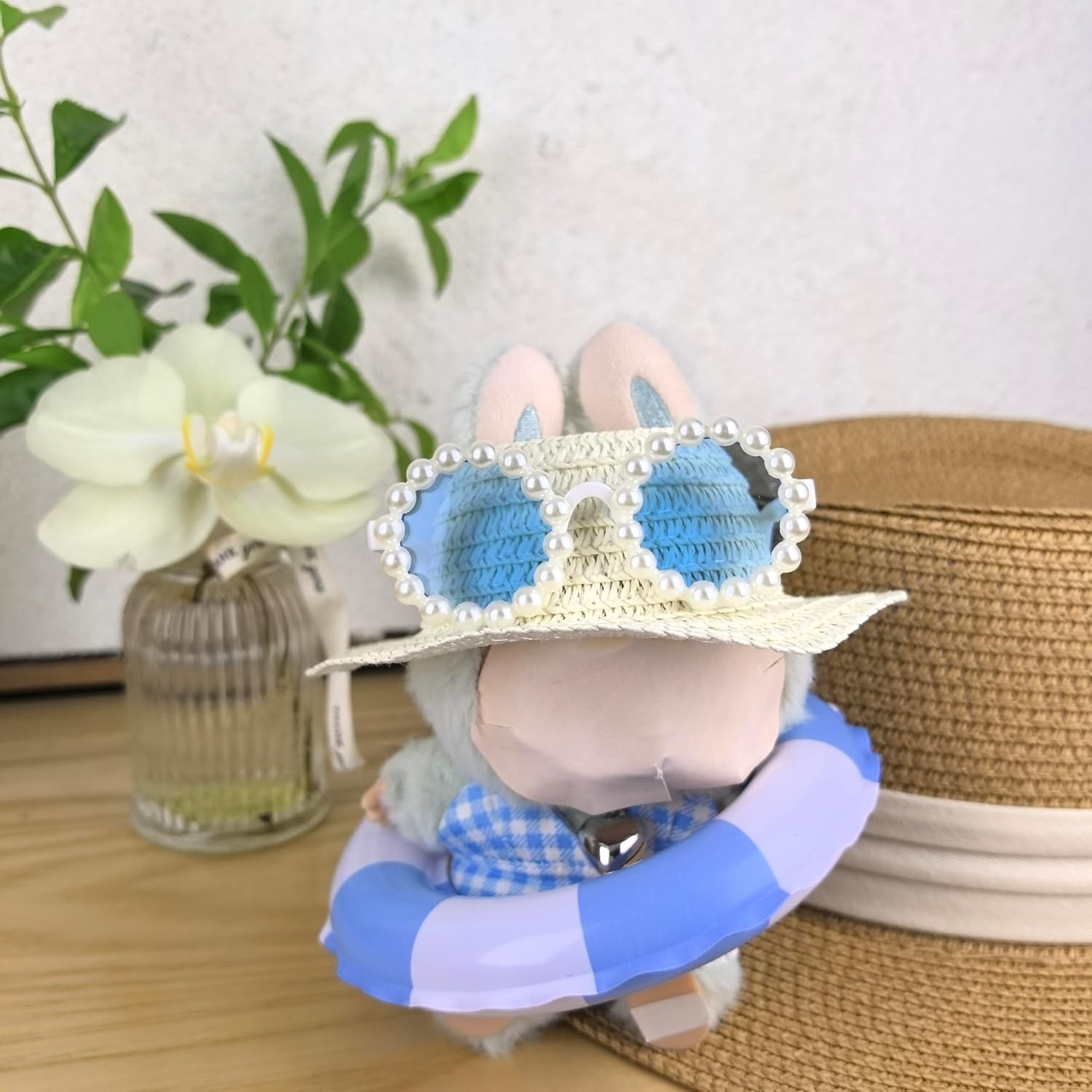5 - Piece Doll Clothes Swimsuit Set | Straw Hat, Pearl Sunglasses, Blue Plaid Swimming Suit , Pearl Necklace & Swim Ring for 14 - 17Cm Labobo Labibu (No Doll) image number 2
