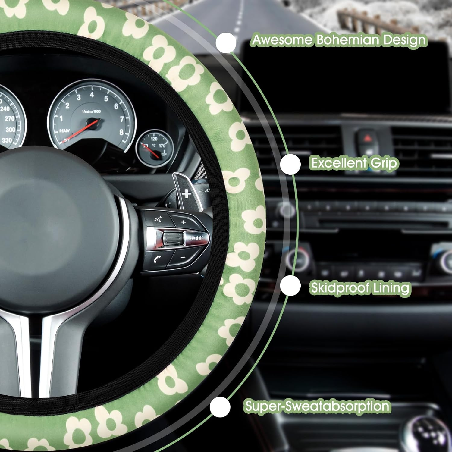 Frienda 10 Pcs Vintage Groovy Car Accessories Set - Floral Steering Wheel Cover, Air Vent Clips, Center Console Armrest Cushion, Car Cup Mats, Seat Belt Covers (Green, White) - Black image number 5