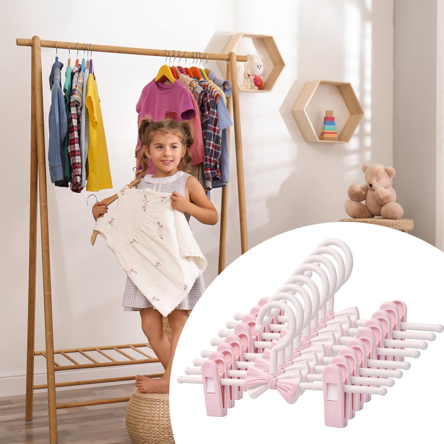 10 PCS Hangers with Finger Clips, Baby Hangers with Adjustable Clips, Trousers Hangers with Clips, Coat Hangers, Kids Hangers with Clips, Non-Slip Clothes Hanger for Babies and Kids (Pink) image number 6