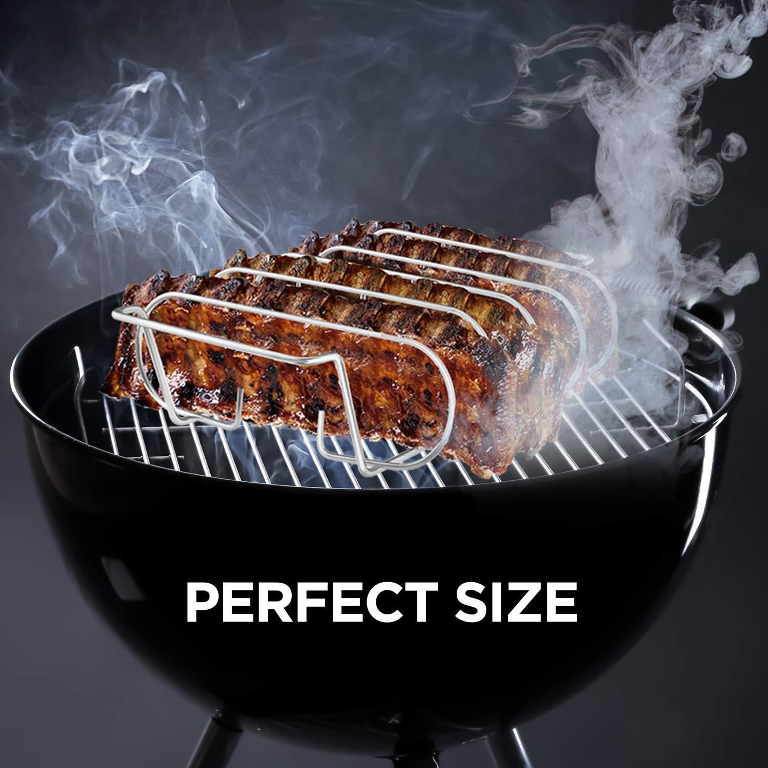Rib Rack, Stainless Steel Roasting Stand, Holds 4 Ribs for Grilling Barbecuing & Smoking - BBQ Rib Rack for Gas Smoker or Charcoal Grill