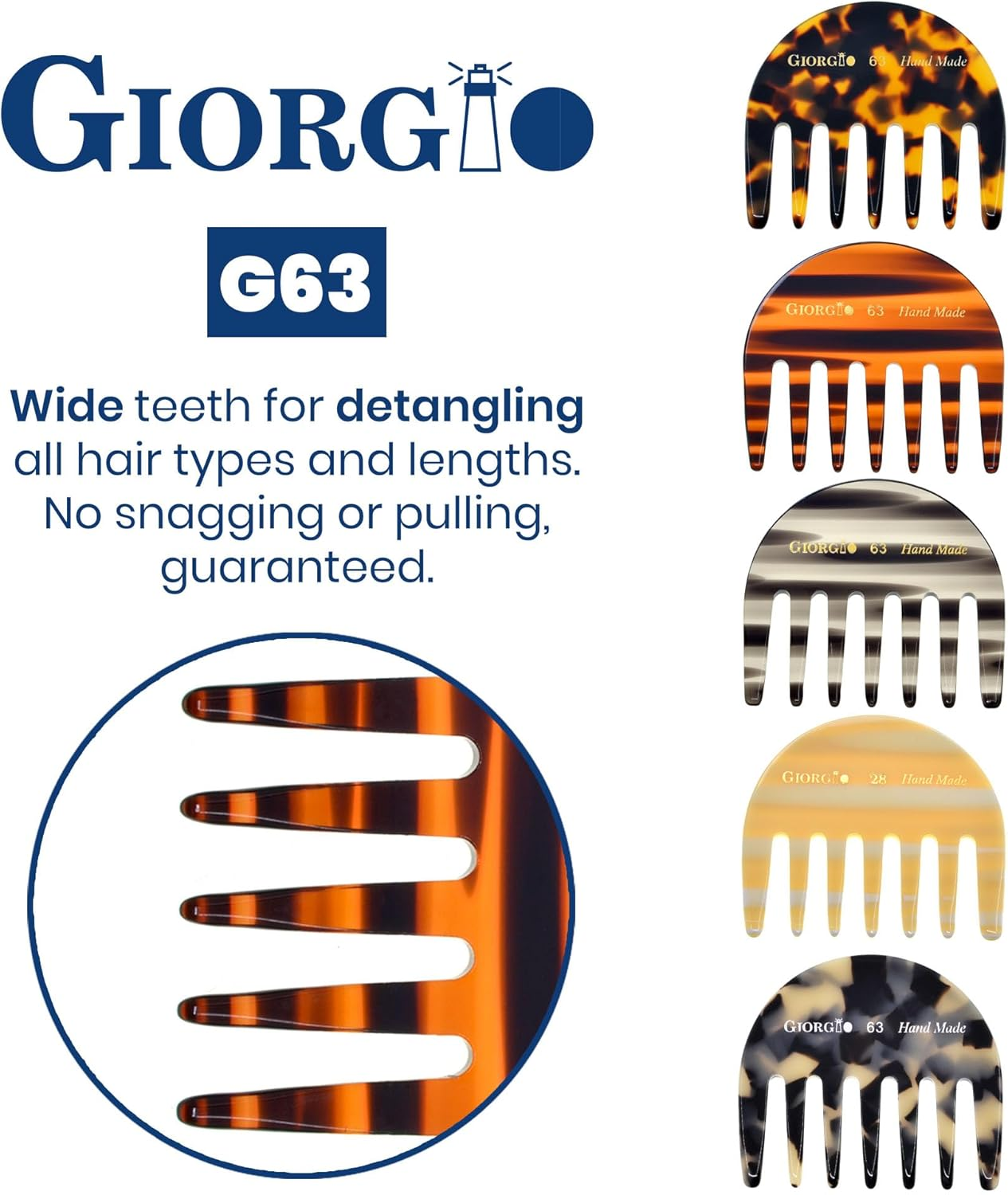 Giorgio G63 Wide Tooth Comb - Detangling, Pocket and Travel Comb for Thick Hair, Hair Detangler for Wet and Dry Everyday Care. Handmade, Saw-Cut, and Polished
