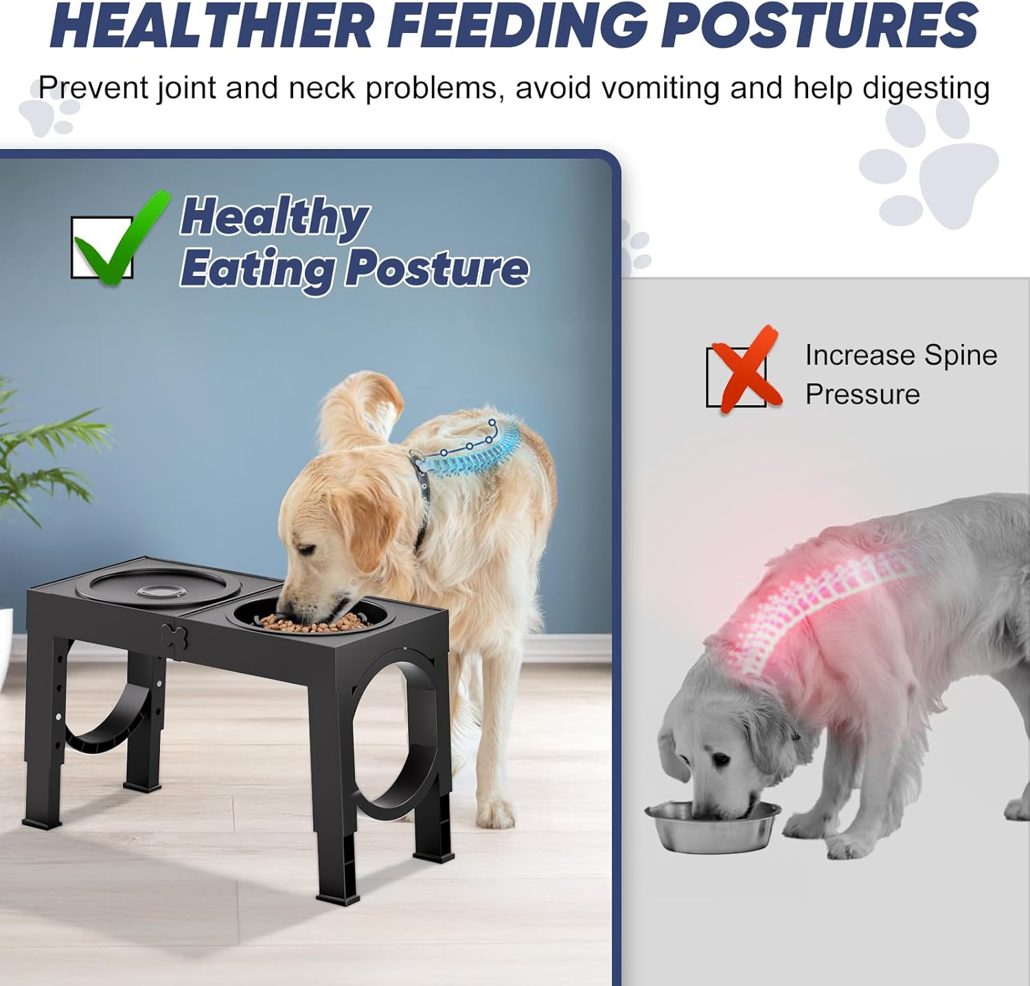 Slow Feeder Dog Bowl Stand - Elevated Dog Food and Water Bowl Set for Large Medium Sized, 4 Heights Adjustable, Non-Slip, Durable, Prevents Bloating & Improves Digestion Black