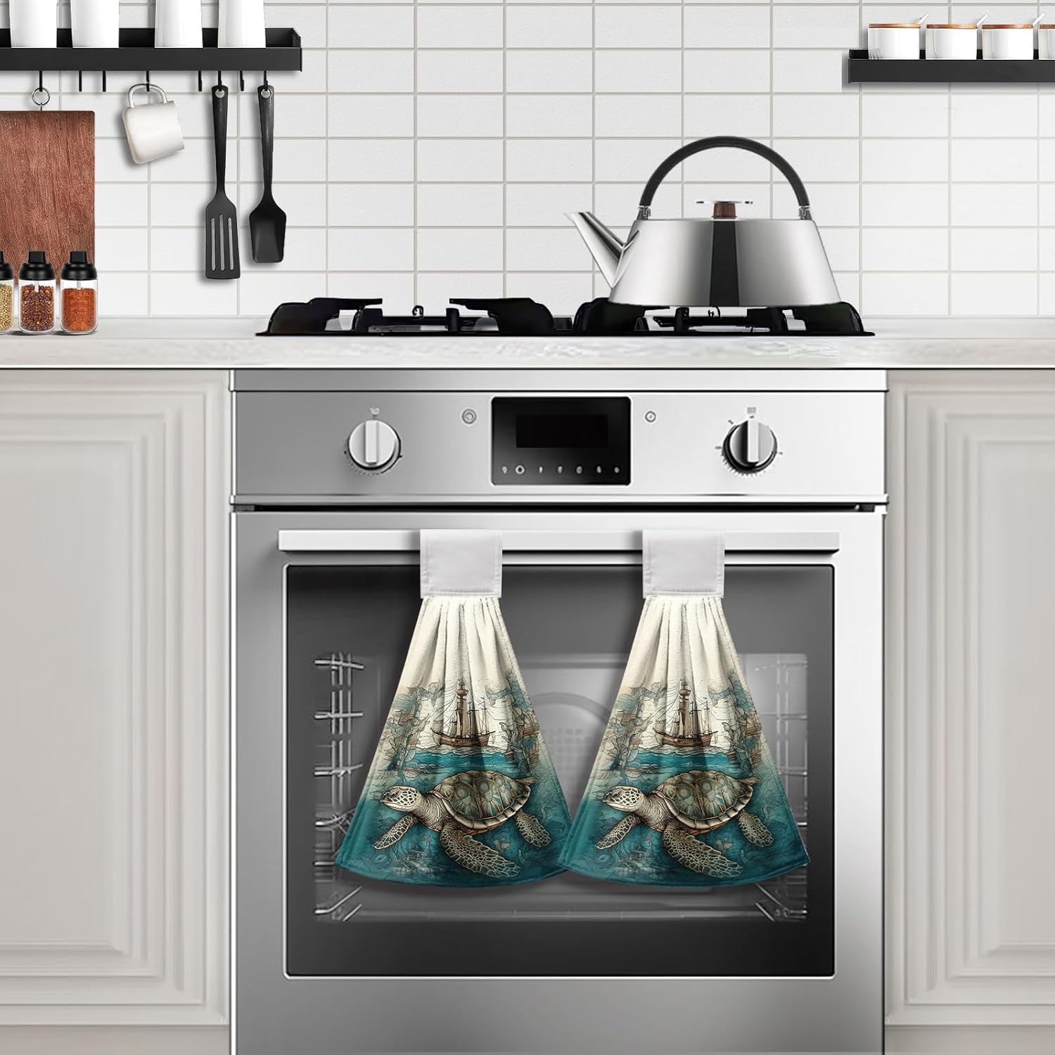 Cneztholim Sea Turtle Hanging Kitchen Towels Set of 2 Summer Ocean Turtle Hand Towel with Loop Coastal Tortoise Sailboats Hanging Dish Towels Absorbent Tie Towel for Bath Kitchen Home